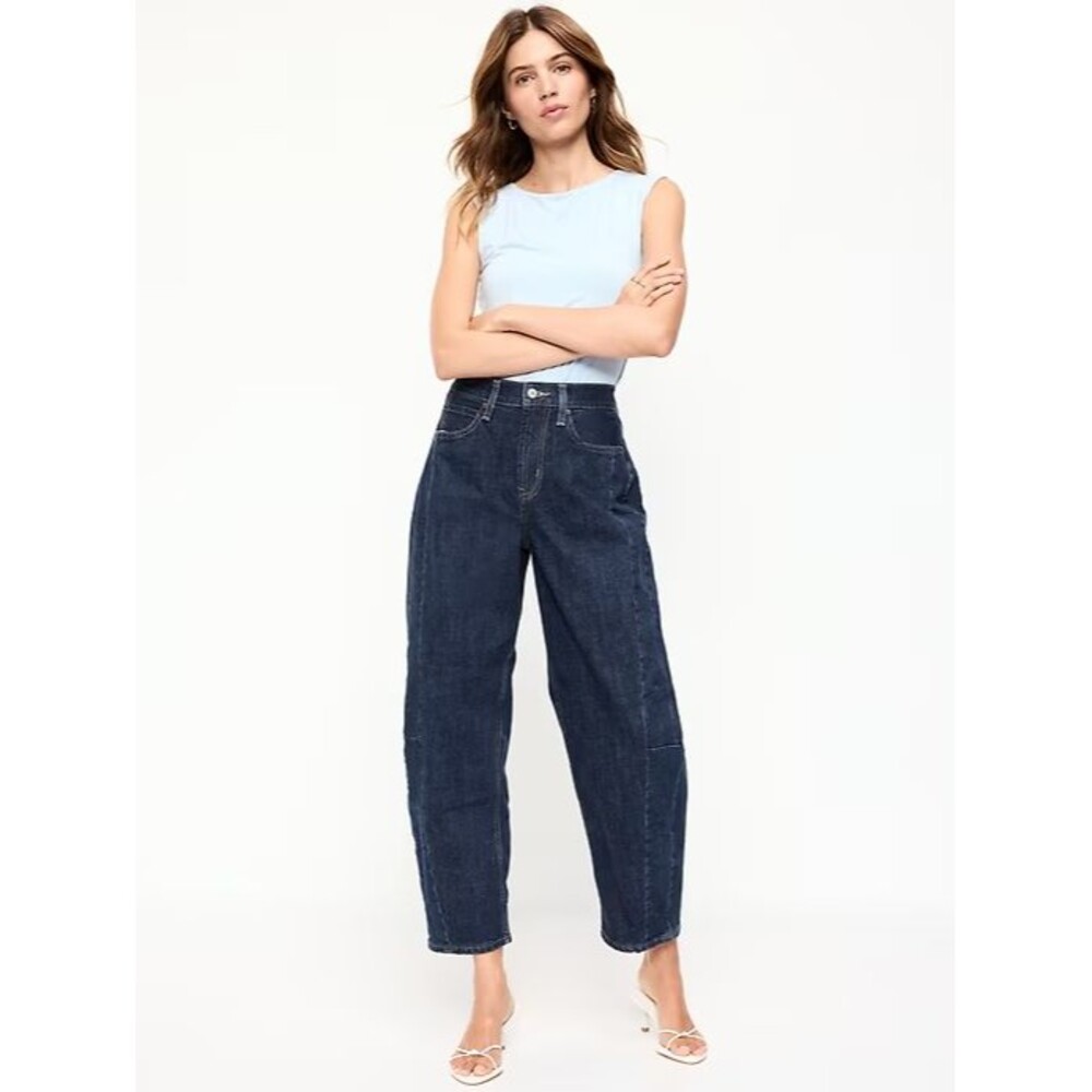Old Navy Barrel Ankle Jeans Womens 4 Tall Blue Dark Wash High Rise NEW - Picture 2 of 11